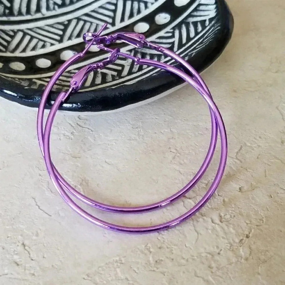 Sleek Purple Large Hoop Earrings 50mm 2" Leverback Minimalist Classic - Picture 3 of 6